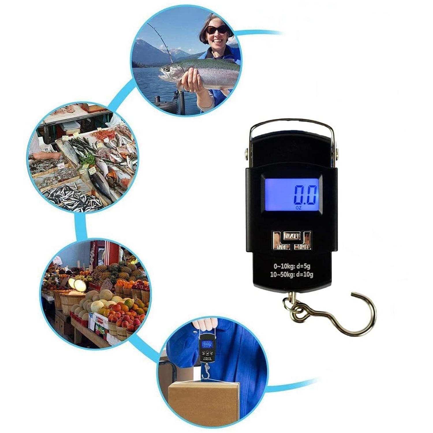 Multicolor portable hook scale for travel.