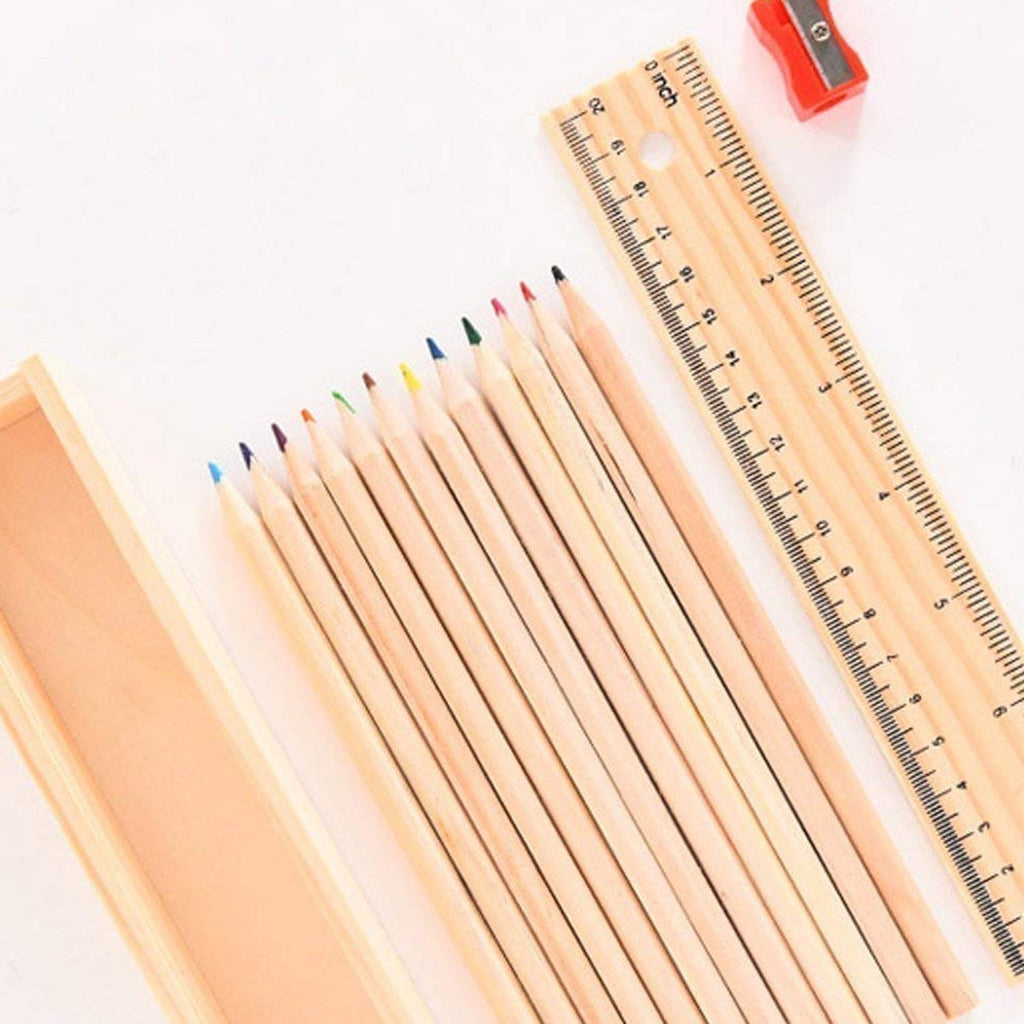 Colorful Wooden Pencil Set with Pencil box, Ruler, Sharpener (12 Pcs Set)
