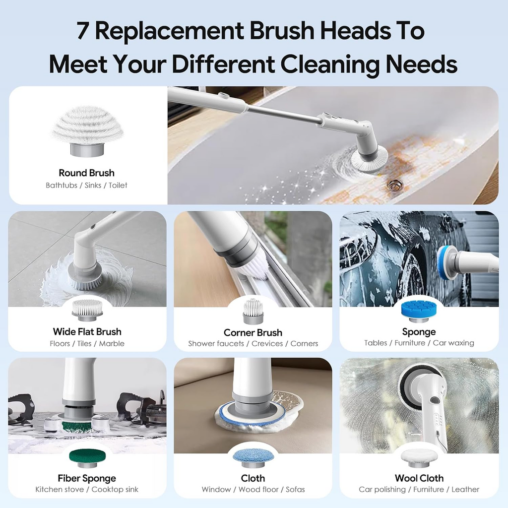 7-in-1 Electric Spin Scrubber Cleaning Brush with Extension Handle (1 Set)
