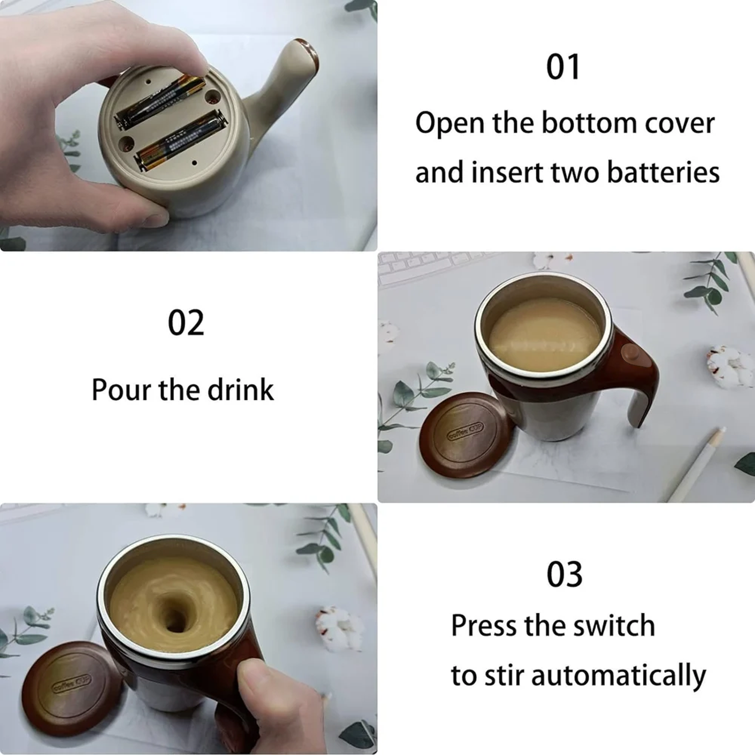 Stirring Coffee Mug | Magnetic Stirring Coffee Cup | Stainless Steel Mug for Milk | Travel Mixing Cup | Self Stirring Coffee Mug, Suitable for Coffee / Milk / Hot Chocolat | Battery Operated ( Battery Not Included)