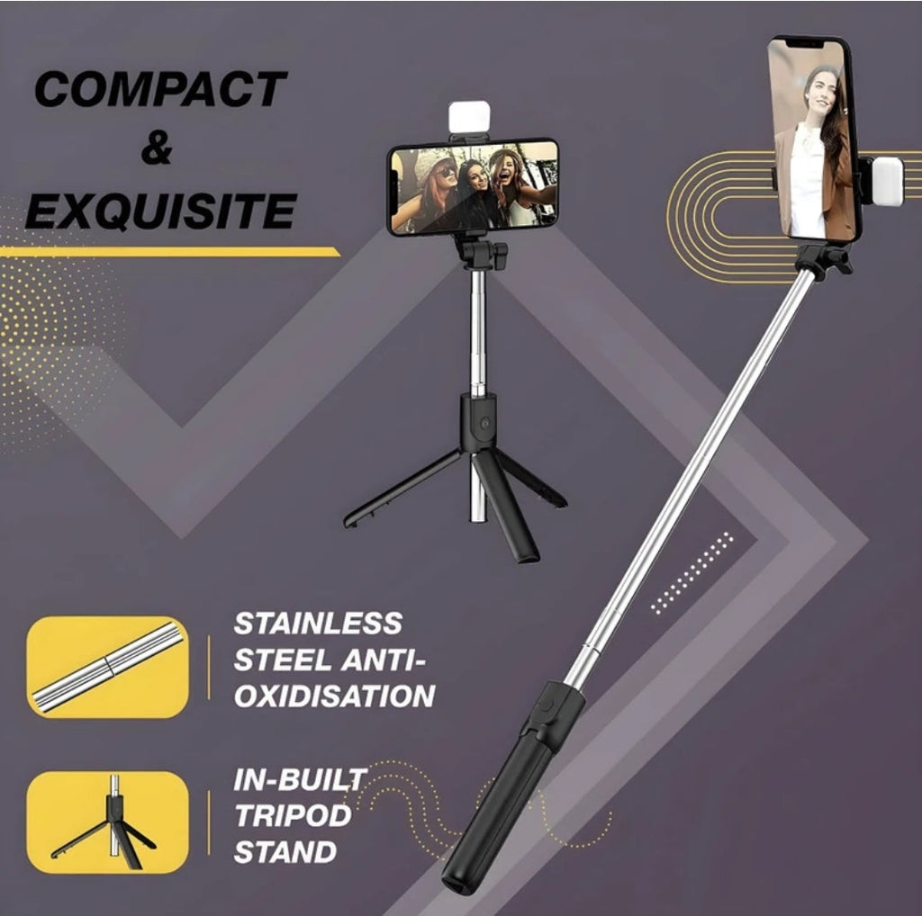 R1s Bluetooth Selfie Sticks with Remote and Selfie Light, 3-in-1 Multifunctional Selfie Stick Tripod Stand Bluetooth Selfie Stick (Black, Remote Included