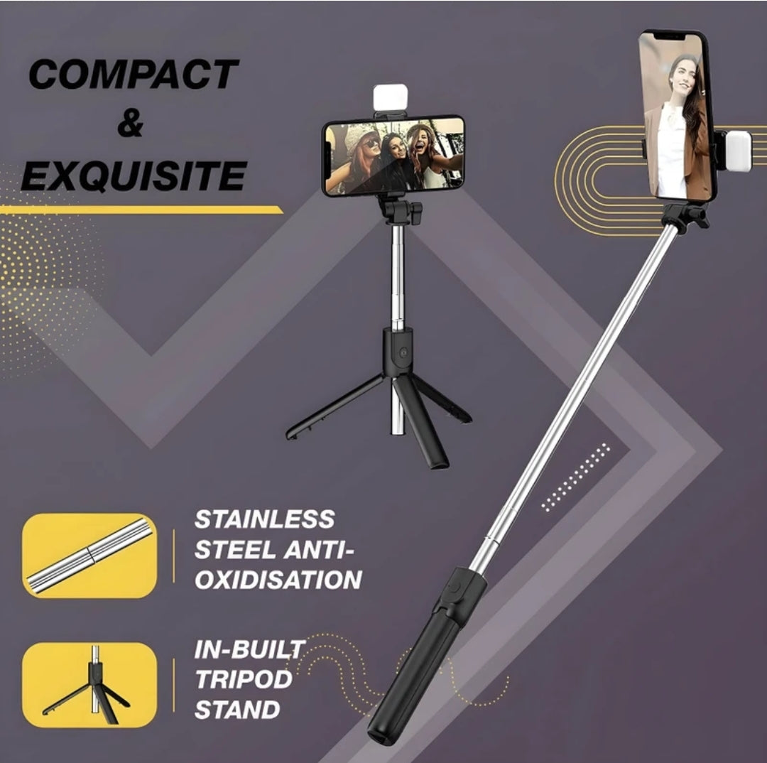 R1s Bluetooth Selfie Sticks with Remote and Selfie Light, 3-in-1 Multifunctional Selfie Stick Tripod Stand Bluetooth Selfie Stick (Black, Remote Included